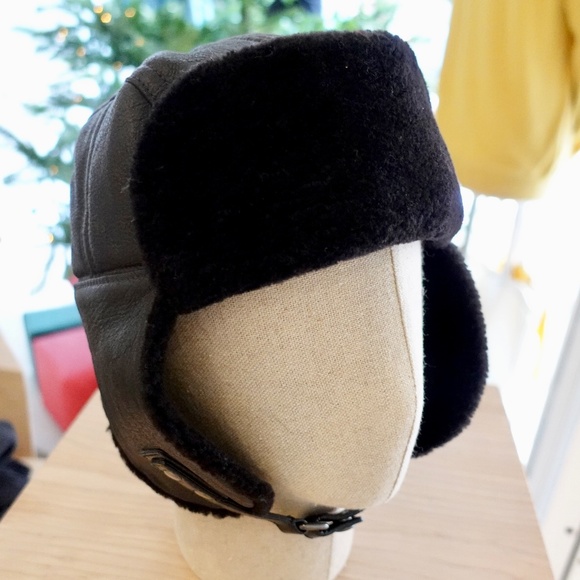 COACH Mens Aviator Motorcycle Hat MEDIUM Black Leather Shearling Vintage USA - Picture 2 of 12